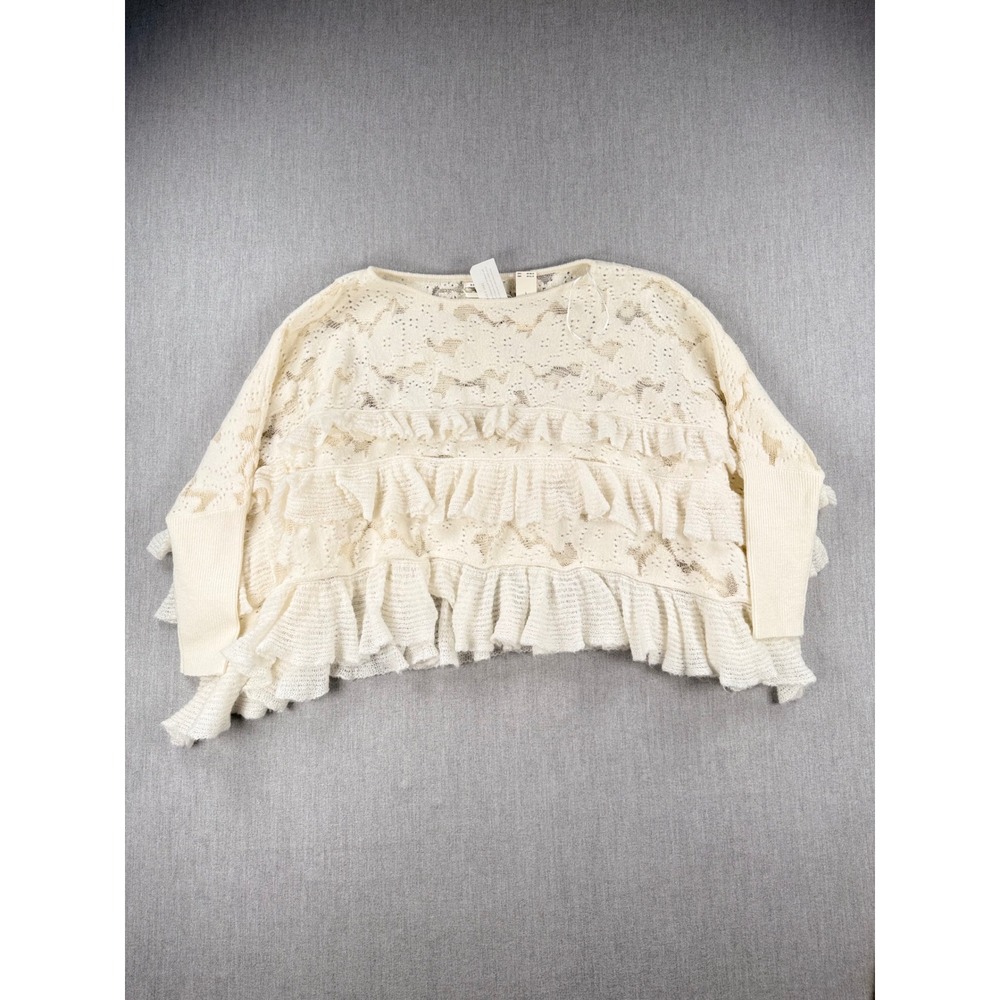 Anthropologie Ivory Pointelle Oversized Ruffle Tiered Knit Sweater Small NEW